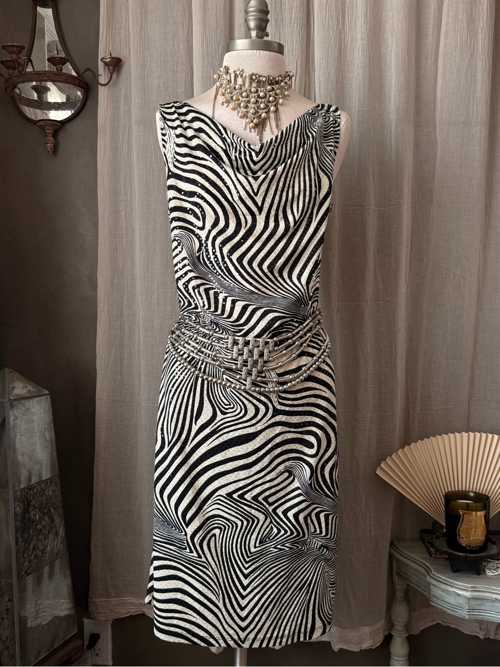 Vintage Black and White Swirl psychedelic 2000s Midi cowl Dress grunge cosmic